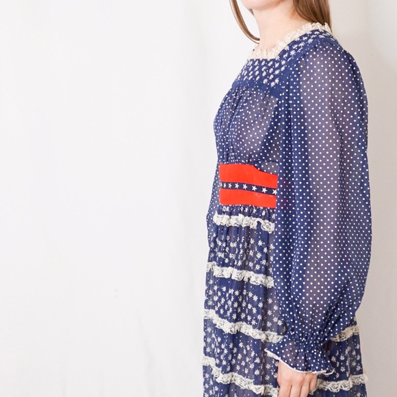 Vintage Americana Lace Peasant Maxi Dress Blue Red - Picture 5 of 8